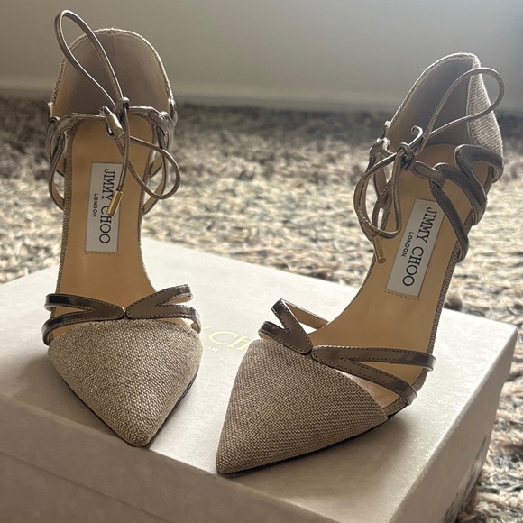 Jimmy Choo Shimmering Taupe Strappy Heels - Picture 2 of 7